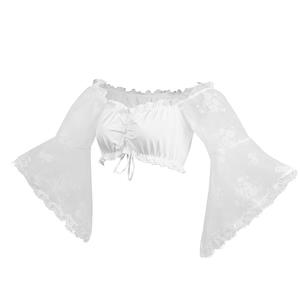 Sexy White Lace Long Sleeve Off Shoulder Ruched Ruffled Crop Top N22673