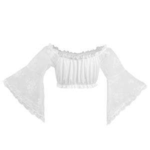 Sexy White Lace Long Sleeve Off Shoulder Ruched Ruffled Crop Top N22673