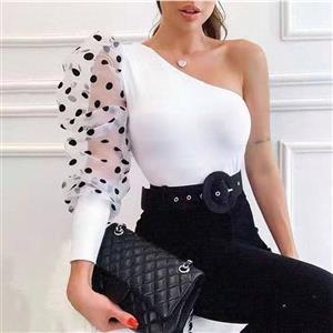 Sexy White One Shoulder Polka Dots See-through Long Sleeve Pullover Blouse Knit Tops N21092