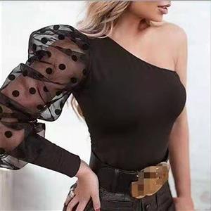 Sexy Black One Shoulder Polka Dots See-through Long Sleeve Pullover Blouse Knit Tops N21093