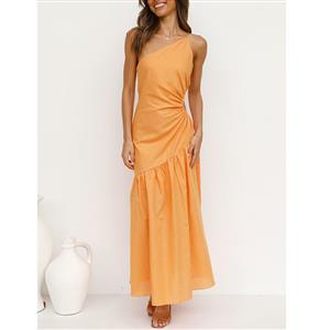 Sexy One-shoulder Strap Cut-out Waist Fish Tail Summer Beachwear Party Maxi Dress N21740