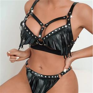 Erotic Glossy PU Spaghetti Straps Hollow Out Elastic Bra and Thong Lingerie N23220