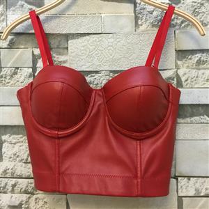 Sexy Red Spaghetti Straps PU Bustier Bra Corset Clubwear Crop Top N18604