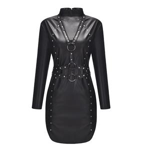 Sexy High Collar PU Leather Studs Long Sleeve Elastic Bandage Bodycon Clubwear Mini Dress N20057