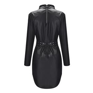 Sexy High Collar PU Leather Studs Long Sleeve Elastic Bandage Bodycon Clubwear Mini Dress N20057