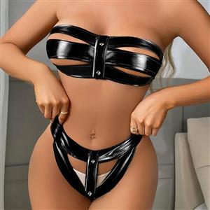 Sexy Hot PU Leather Black Lace-up Bra With Thong Set N22850