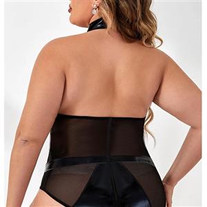 Plus Size Sexy Glossy PU and Sheer Mesh High Neck Backless Elastic Bodysuit Teddies Lingerie N22211