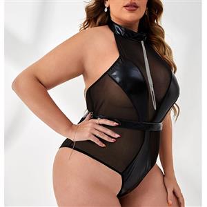 Plus Size Sexy Glossy PU and Sheer Mesh High Neck Backless Elastic Bodysuit Teddies Lingerie N22211