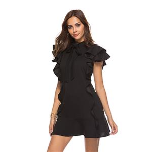 Sexy Black Stand Collar Lace-up Short Sleeve Chiffon Ruffle Package Buttocks Mini Dress N20446