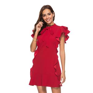 Sexy Red Stand Collar Lace-up Short Sleeve Chiffon Ruffle Package Buttocks Mini Dress N20447