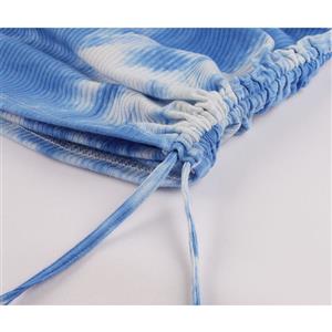 Sexy Tie-dye Print Round Neck Long Sleeve Drawstring Folds Package Hip Mini Dress N20789