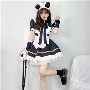 5pcs Adorable Panda Girl Cosplay Maid Puff Sleeve Mini Dress Anime Lolita Costume N22018