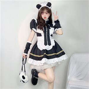5pcs Adorable Panda Girl Cosplay Maid Puff Sleeve Mini Dress Anime Lolita Costume N22018