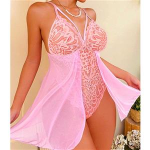 Sexy Pink Lace Mesh Spaghetti Straps Babydoll Backless Nightwear Chemise N23200