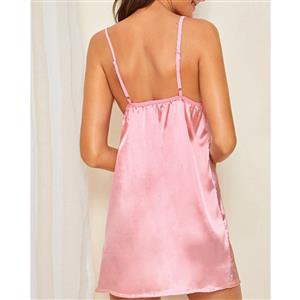 Sexy Pink Satin Spaghetti Strap Low-cut V Neck Mini Dress Babydoll Nightgown Lingerie N20973