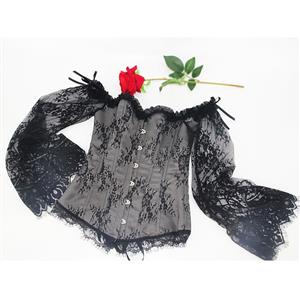 Women's Sexy Gothic Plastic Boned Off-shoulder Overbust Corset with Long Floral Lace Sleeve N21837