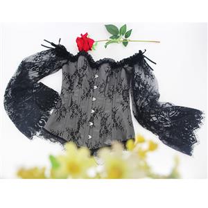 Women's Sexy Gothic Plastic Boned Off-shoulder Overbust Corset with Long Floral Lace Sleeve N21837