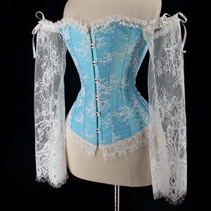 Women's Sexy Vintage Plastic Boned Off-shoulder Overbust Corset with Long Floral Lace Sleeve N21838