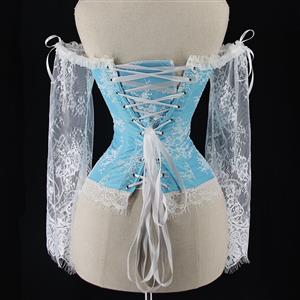 Women's Sexy Vintage Plastic Boned Off-shoulder Overbust Corset with Long Floral Lace Sleeve N21838