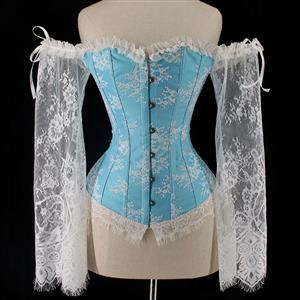 Women's Sexy Vintage Plastic Boned Off-shoulder Overbust Corset with Long Floral Lace Sleeve N21838