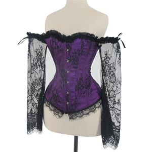 Women's Sexy Gothic Plastic Boned Off-shoulder Overbust Corset with Long Floral Lace Sleeve N21839