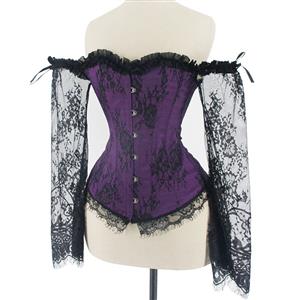 Women's Sexy Gothic Plastic Boned Off-shoulder Overbust Corset with Long Floral Lace Sleeve N21839