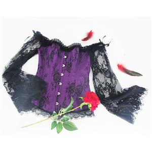 Women's Sexy Gothic Plastic Boned Off-shoulder Overbust Corset with Long Floral Lace Sleeve N21839