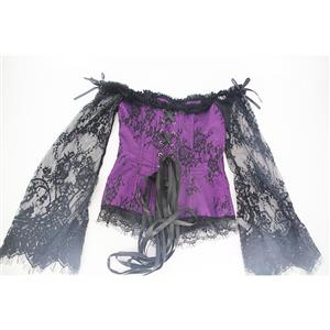 Women's Sexy Gothic Plastic Boned Off-shoulder Overbust Corset with Long Floral Lace Sleeve N21839