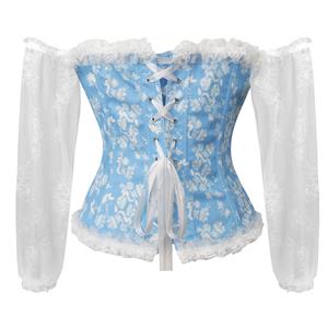 Women's Sexy Gothic Plastic Boned Off-shoulder Overbust Corset with Long Floral Lace Sleeve N23747
