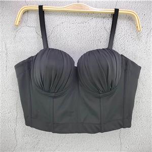 Sexy Black Spaghetti Straps Pleated 3D Cup Bar Plastic Bone Bustier Clubwear Crop Top N21070