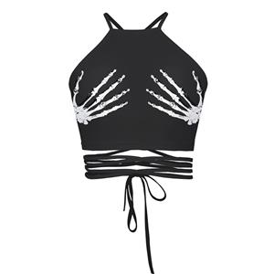 Sexy 3D Skeleton Hands Printed Strappy Bustier Clubwear Halter Crop Top N18231