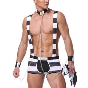 3pcs Men's Sexy Prisoner Cosplay Thong with Chain Handcuffs Slave Clubwear Clothing N22189