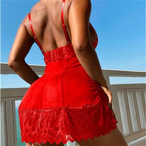 Sexy Red Lace Low Bra Backless Babydoll Sleepwear Mini Dress Lingerie N23204