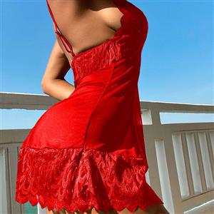 Sexy Red Lace Low Bra Backless Babydoll Sleepwear Mini Dress Lingerie N23204
