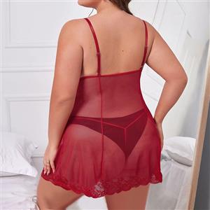 Plus Size Sexy Red Lace Low Bra Backless See-through Babydoll Sleepwear Lingerie N22923