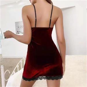 Sexy Red Canary Velvet Low Bra Backless Babydoll Sleepwear Mini Dress Lingerie N23104