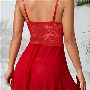 Sexy Red Lace Low-bra Adjustable Spaghetti Straps Soft Babydoll Sleepwear Lingerie N23391