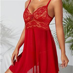 Sexy Red Lace Low-bra Adjustable Spaghetti Straps Soft Babydoll Sleepwear Lingerie N23391