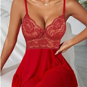 Sexy Red Lace Low-bra Adjustable Spaghetti Straps Soft Babydoll Sleepwear Lingerie N23391