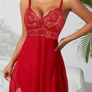 Sexy Red Lace Low-bra Adjustable Spaghetti Straps Soft Babydoll Sleepwear Lingerie N23391