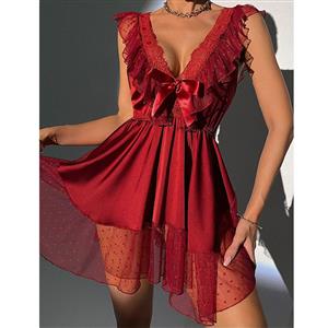 Sexy and Fancy Red Lace See-through V Neck Mini Dress Lingerie N23213