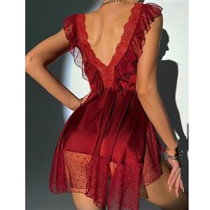 Sexy and Fancy Red Lace See-through V Neck Mini Dress Lingerie N23213
