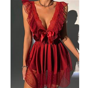 Sexy and Fancy Red Lace See-through V Neck Mini Dress Lingerie N23213