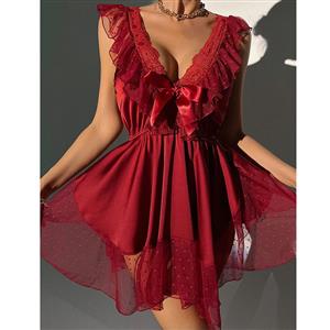 Sexy and Fancy Red Lace See-through V Neck Mini Dress Lingerie N23213