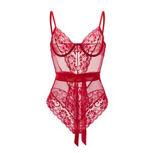 Sexy Red See-through Floral Lace Underwire Netted One-piece Bodysuit Teddies Lingerie N19179