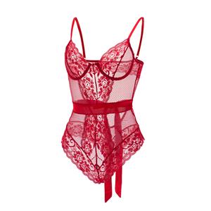 Sexy Red See-through Floral Lace Underwire Netted One-piece Bodysuit Teddies Lingerie N19179