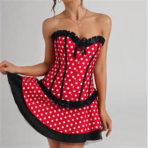 Sexy Round Dot Red 8 Plastic Bones Corset and Round Dot Mini Skirt Set N22503