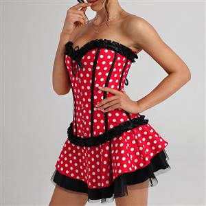 Sexy Round Dot Red 8 Plastic Bones Corset and Round Dot Mini Skirt Set N22503