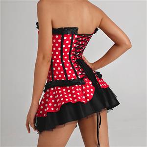 Sexy Round Dot Red 8 Plastic Bones Corset and Round Dot Mini Skirt Set N22503