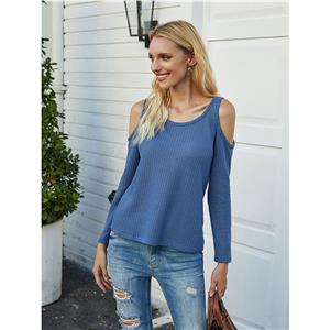 Sexy Women's Round Neck Cold Shoulder Long Sleeve T-shirt Pullover Blouses Knit Tops N20629